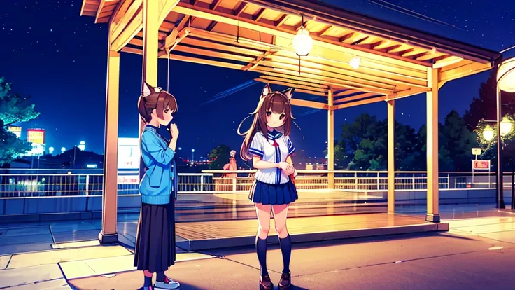 {Highest quality], [Super beautiful], [Ultra fine], [Best illustration], NSFW,Brown Hair, Hime cut, Long Hair blue ,cat ear , With bangs, girl,,uniform,knit cardigan,Short sleeve,skirt,smile, blush, Slender women,Standing posture,(Public),Night Park,Summer...