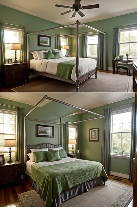 The room is neat and tidy, with a large four-poster bed in one corner adorned with green and silver bedding. Theres a desk by the window, and a few other personal touches here and there, including a framed photograph on the nightstand.*