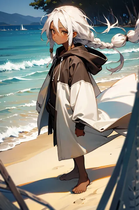 white colored hair, dreads, kid, dark skin, brown eyes, black hoodie, on a beach, young male