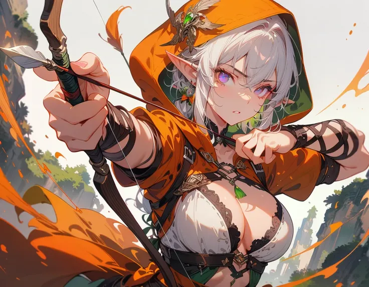 1girl, dark elf,large breasts, hooded cloak, bow and arrow, highly detailed, intricate, fantasy, dark mood, (best quality,4K,8K,highres,masterpiece:1.2),ultra-detailed,Elf female archer holding a bow and arrow,Bow drawing action,(Archer:1.2),Archery