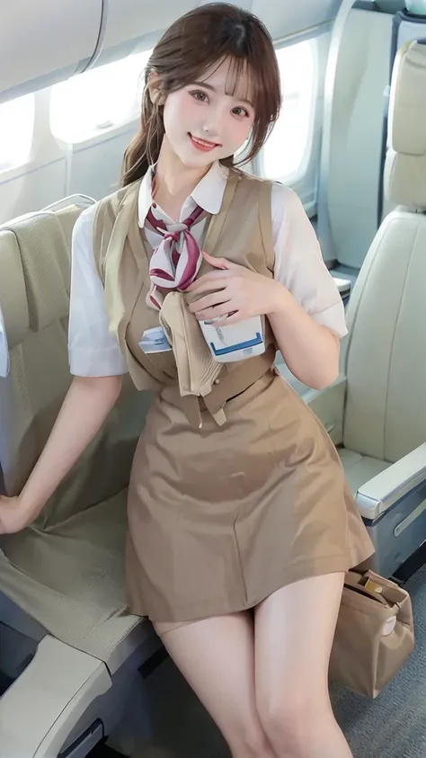 top-quality, ​masterpiece, 8K, 超A high resolution, (Photorealsitic:1.4), Korean beauty 1girl in、Beautiful face、symmetrical eye、Colossal 、Perfect body proportion、Stewardess uniform、Huge breasts，Look at viewers、(Inside the plane:1.2)、front-facing view、Should...