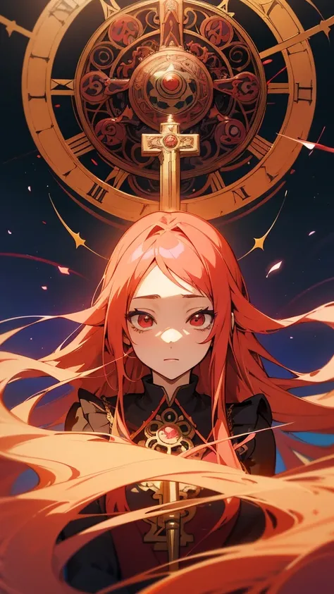 anime girl with long hair and red dress with clock in background, yandere intricate, anime art nouveau, intricate ornate anime cgi style, anime graphic illustration, detailed anime art, anime art nouveau cosmic display, psychedelic manga, detailed portrait...