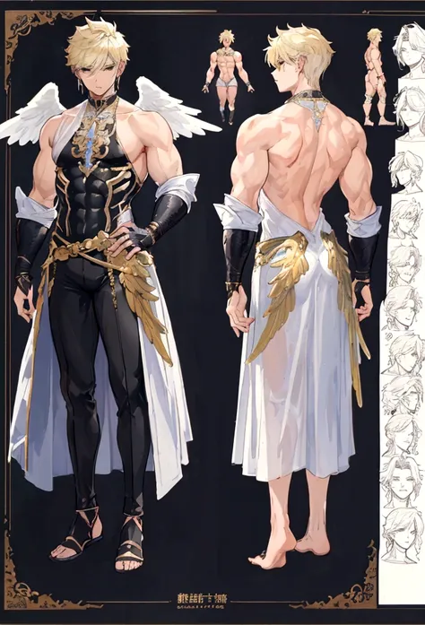 (Masterpiece, best quality), detailed, 1 man, ((character concept art)), ((character design sheet, same character, front, side, back)), full body, body complete, 1 Male angel, 1 Man angel, Detailed face, character design sheet，full bodyesbian, Highly detai...