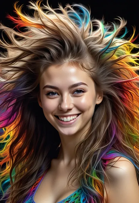 (best quality, masterpiece, ultra detailed, ultra high res, photorealistic, raw photo, absurdres, absolutely resolution), 1girl, long hair, messy hair, smile, colorful, long shot, fractal art