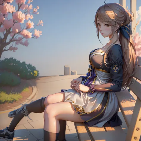 Anime girl sitting cross-legged on a bench, Attractive anime girl, Smooth anime CG art, Realistic anime, Charming anime girl, Popular on cgstation, Anime girl squatting, Realistic anime girl render, Young anime girl, Artwork in the style of Guweiz, Beautif...