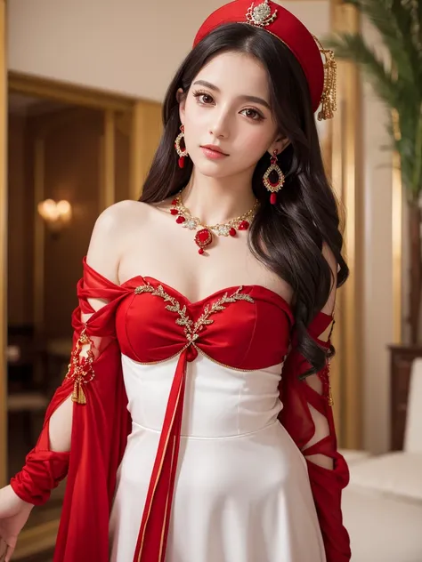 、Highest quality , sexy, Ultra-high resolution, RAW Photos, girl, indoor, White skin, Long Hair ,whole body,Black Hair、Red color clothes、Israeli national costume、Red color crown、red necklace、Red wrist ornament、Red earrings、