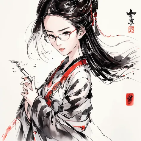 liuyifei, closeup, 1girl, wear glasses, Solo, Long hair, tradition Chinese dress, Black hair, Simple background, White background, Ink wind