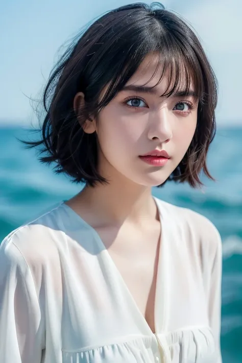 (award winning, 8k, super detailed, high resolution, best quality, photography, portrait), 1girl, solo, beautiful girl, beautiful eyes, detailed eyes, black eye, white blouse, short hair, black hair ocean background, POV, ((upper body))