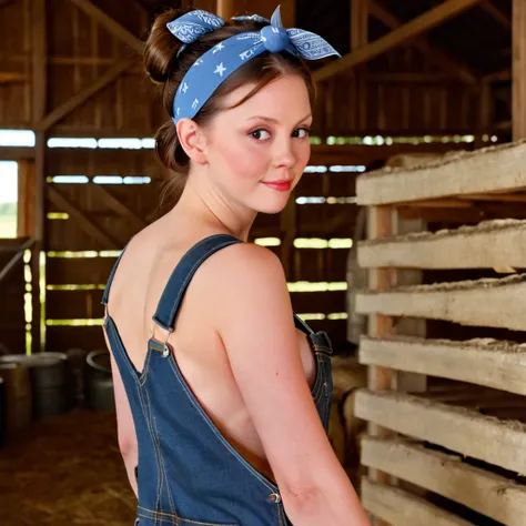 close up picture of m1ag0th woman, brunette hair bun, blue bandana, wearing only blue overalls jeans, in a barn, pearl movie, cl...