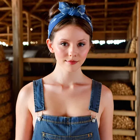 close up picture of m1ag0th woman, brunette hair bun, blue bandana, wearing only blue overalls jeans, in a barn, pearl movie, cl...