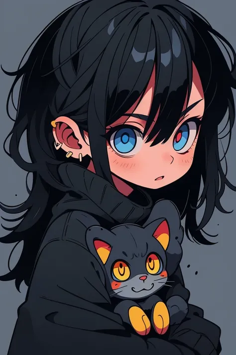 1chico, long black hair, heterochromia, a blue eye, a yellow eye, moreno