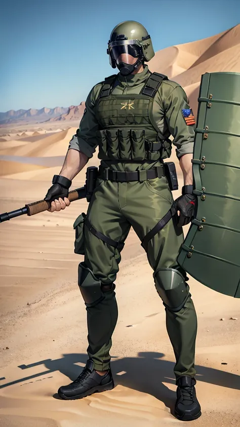 olive green armed guard with helmet and riot shield looking angry at me in desert