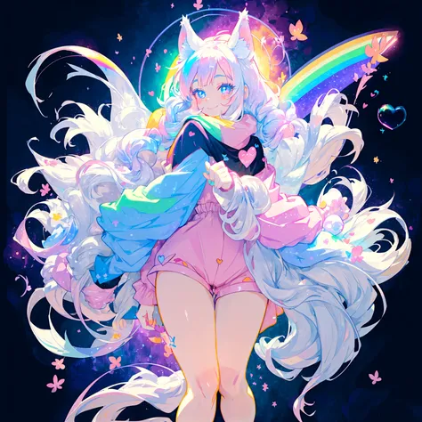 a cute adult male with wolf ears, long white hair, long locks, has a wolf tail, thick thighs, wide hips, short, wearing pink romper with a hood and pink shorts, has heart on chest, has bunny ears on hood, very slim, showing slender tummy, squishy thighs, h...