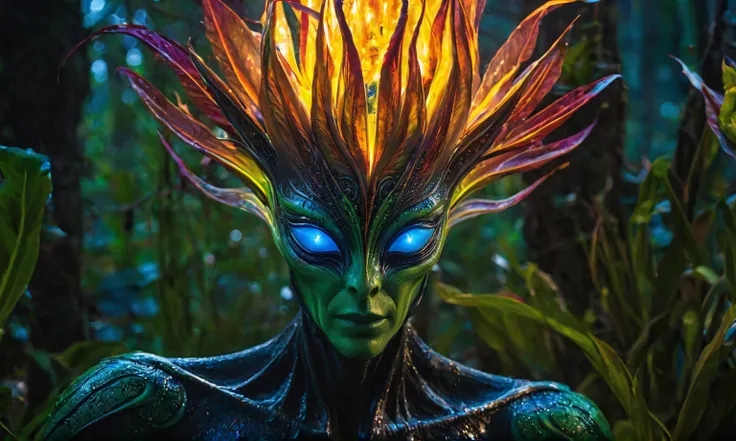 (best quality,4k,highres,masterpiece:1.2),ultra-detailed,realistic,portrait,alien,fire magic plant,unbelievable eyes,fantasy creature,glowing colors,luminous plant,extraterrestrial,flame-like leaves,surreal landscape,eerie atmosphere,otherworldly beauty,et...