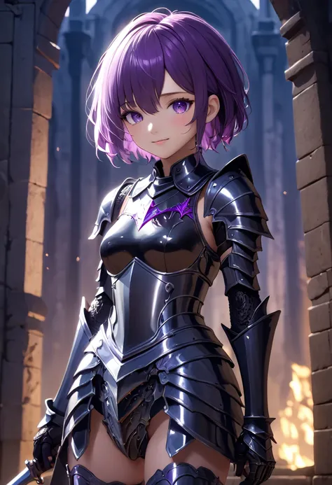 (masterpiece, top quality, best quality, beautiful and aesthetic:1.2), full body, SFW, extremely detailed, detailed face and eyes, cinematic light, depth of field, 1girl, seducing smile, solo, official, (full armored knight:1.4), dark armor, mash kyrieligh...