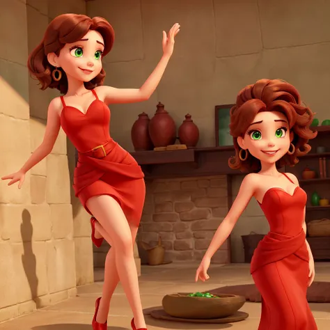 A woman with fair skin, green eyes, full lips with a smile and red lipstick, straight dark brown hair, medium size,  with small earrings wearing a red dress normal body with a victory pose with one hand on the waist and the other stretched forward waving 