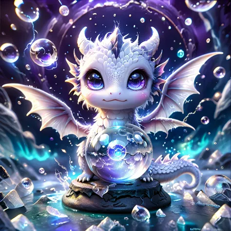 absurdres, highres, ultra detailed, hdr, master piece, best quality, crystal ball, small white dragon, expressive blue eyes, blu...