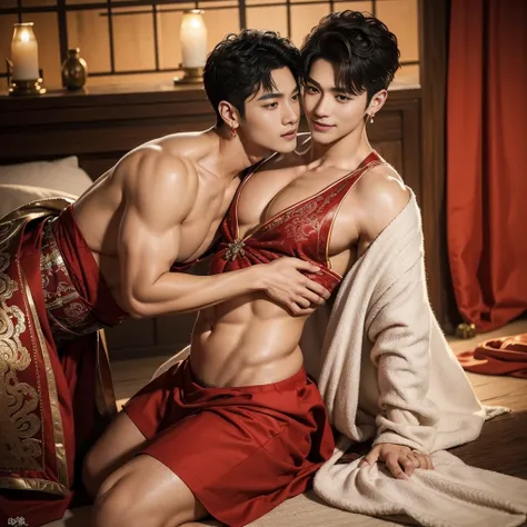 ( Safe at Work),Two handsome boys kiss, Smiling at each other,Embrace, kiss, Touching lips, Embrace, romantic,Physical contact, Realistic, Super handsome,manly, K-Pop Idols, Handsome Korean actors, 20-year-old,, Detailed face, manly jawline, Fine Messy Cur...