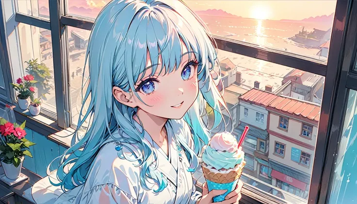 (masterpiece:1.5, best quality:1.5), ((VaporWave style, partially coloring)), close-up, from above, cinematic angle, (((vanilla))), 
1girl, solo, cute smile, (hold a vanilla ice cream), gemstone decoration, long_hair, in ice cream shop, dolls were in a mes...