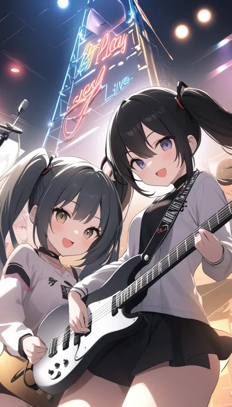 Girl rock band duo、Two Girls、Electric guitar、base、Black hair twin tails、レボリューションイエローの福岡ソフトバンクホークスのbaseボールキャップを被っている。レボリューションイエローの福岡ソフトバンクホークスのbaseボールシャツ、sing、play、rhythm、beat、refreshing、Speed、live house、illumination、