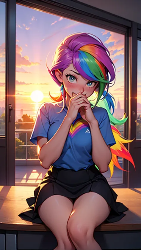 score_9, score_8_up, score_7_up, score_6_up, score_5_up, score_4_up, in library, (Sunset Shimmer from equestria girls), (2girls), (Rainbow Dash from equestria girls), movie accurate equestria girls, sitting at desk, hand covering mouth, blushing, orgasm, m...