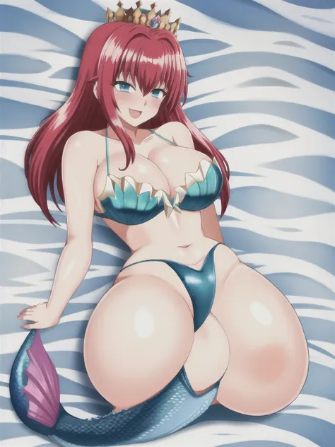 Mermaid, mermaid tail below waistline, underwaters, pearl crown, red hair, long hair, blue eyes, shell bra, large breasts, cleavage, happy, blush, full body,