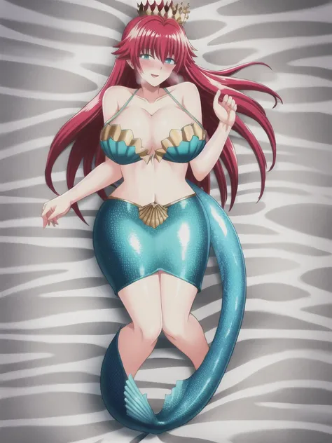 mermaid, mermaid tail below waistline, underwaters, pearl crown, red hair, long hair, blue eyes, shell bra, large breasts, cleav...