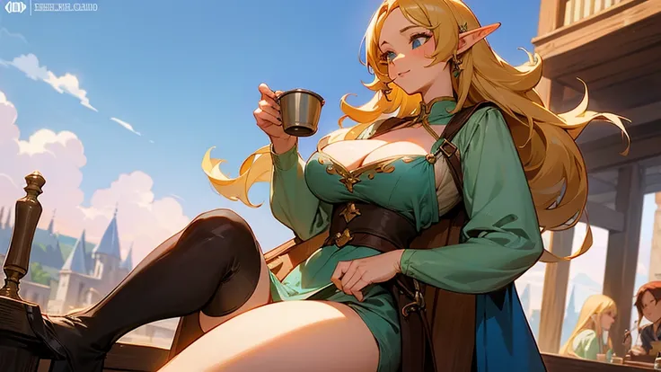 Anime Style,Nostalgic,Detailed background,The medieval world,A lively coffee shop with lots of people,Beautiful sky,Beautiful bard elf girl holding coffee,Big cleavage,Healthy thighs,Protruding buttocks