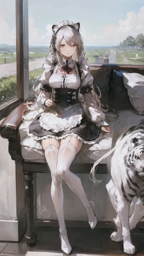 ((masterpiece, best quality)), delicate face，maid，white tiger，whole body，long legs，large breasts，gradient long wavy hair，perfect...