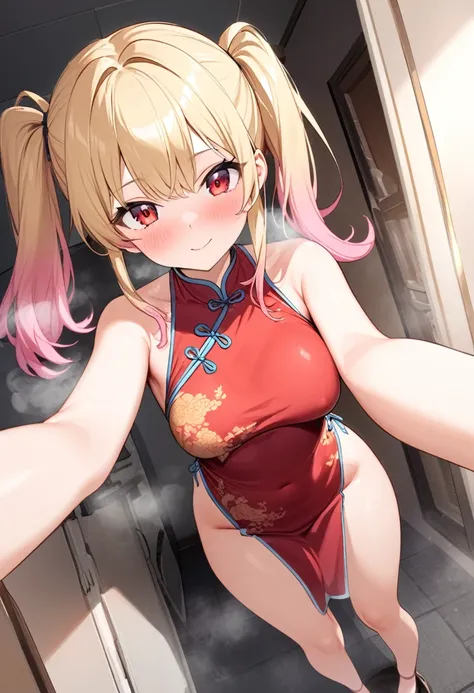 Gradient with pink tips,Blonde,Twin tails up to the shoulders,Red eyes,high school girl,A pleasant looking face,Slightly curled twin tails,nsfw,medium breasts,steam,(selfie1.5),front view, full body, from below, china dress