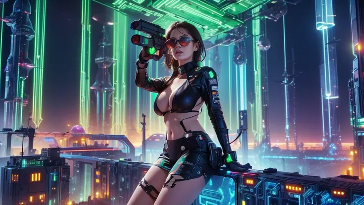 (((a medium-breast bikini slim GIRL with black (micro) sunglasses))), (((((aiming at viewer with a pistol))))), a balcony of a futuristic building, aerial view of an ultra-futuristic megalopolis, metal buildings and houses in dark colors from dark blue to ...