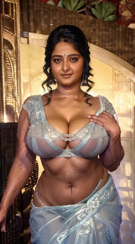 NSFW, HDR 8K , single Indian mom with smiling , (Tall gigantic body of height 7ft ),pretty women , beautiful face , seduce face expression  , women dressed in cotton saree, oily skinned mom , (( tall mom has voluptuous body, round shaped deep navel , hot f...