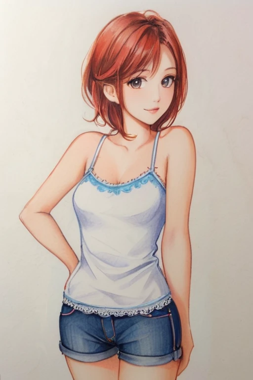  woman，Short camisole vest，White，Art，，Colored pencil sketch，sketch 