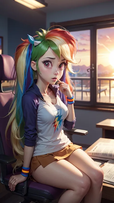 in library, (Sunset Shimmer from equestria girls), (2girls), (Rainbow Dash from equestria girls), movie accurate equestria girls, sitting at desk, hand covering mouth, blushing, orgasm, medium breasts, athletic, zPDXLxxx, beautiful, female, long hair, vect...