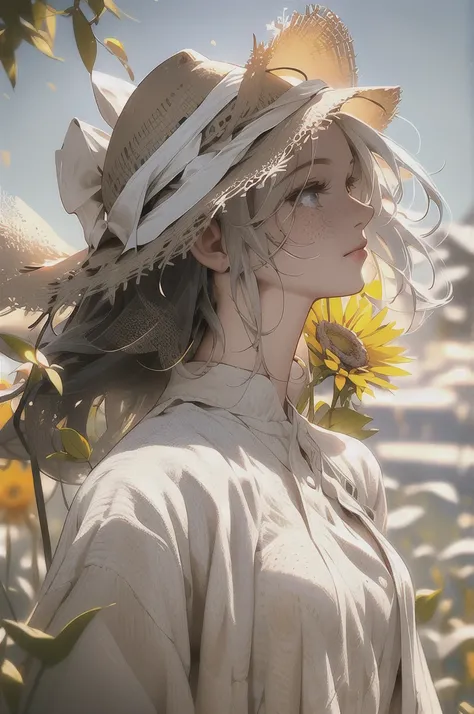 [full:upper:6] body photo of an attractive 30 year old beautiful woman wearing casual sundress and a sun hat standing in wheat fields holding one hand in the air, solo, [caucasian|swedish|italian], messy long [white|blonde] hair, slim body, large green eye...