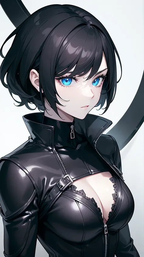 (masterpiece),((Highly detailed black short hair)),((expressive blue eyes)),(Highly detailed black biker outfit),deep cleavage,serious expression,extremely beautiful mature woman, milf,pale white skin,best quality,cel shading,8K HD,highly detaild face, hig...