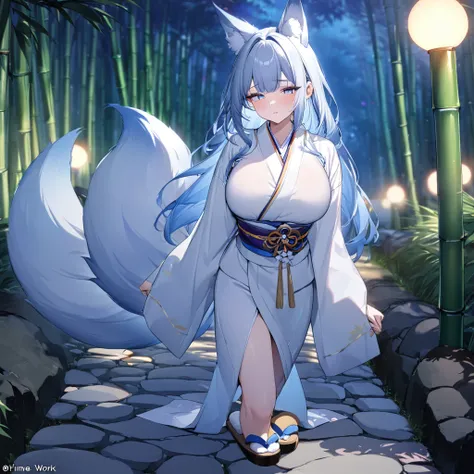 a woman wearing a white kimono with bamboo wishes on the kimono, long-sleeved kimono, faint blue hair, faint blue eyes, sleepy f...