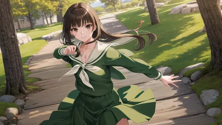 masterpiece, Highest quality, High resolution, aayoshino, , Long Hair, Twin Blade, Brown eyes, Hair that falls over the shoulders, , Sailor collar, neckerchief, Green Shirt, One piece sailor shirt, Long sleeve, Green Skirt, Long skirt, Are standing, Cowboy...