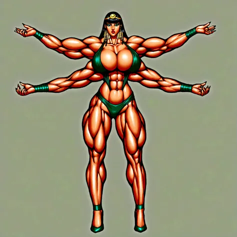 Ninja, cleopatra hair, extreme muscle, big breasts, 4 arms, full body.