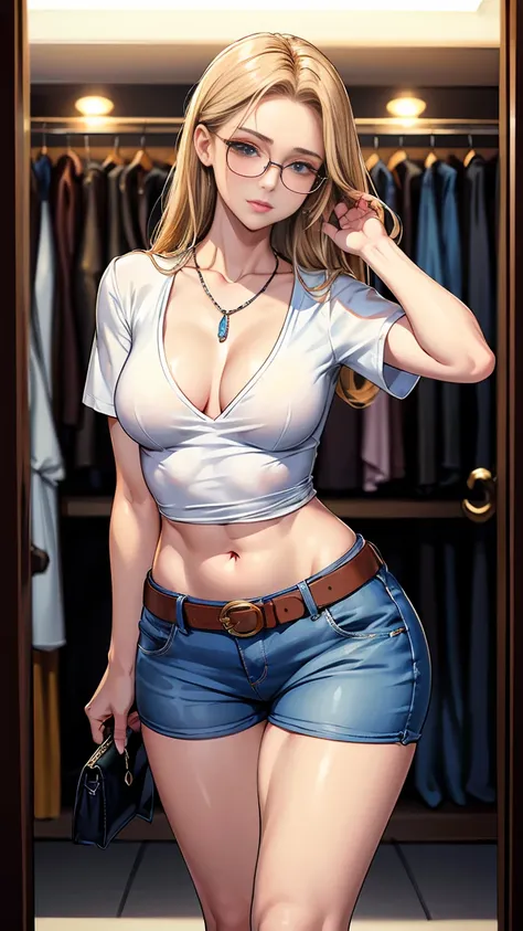 Beautiful girl with mid straight blond hair with blue eyes wearing Tight Jeans Shorts With Leather Belt, White Short Sleeves Secretary Shirt, luxurious jewelry and luxurious necklace, rimless glasses, high heel boots, standing in her changing room at night...