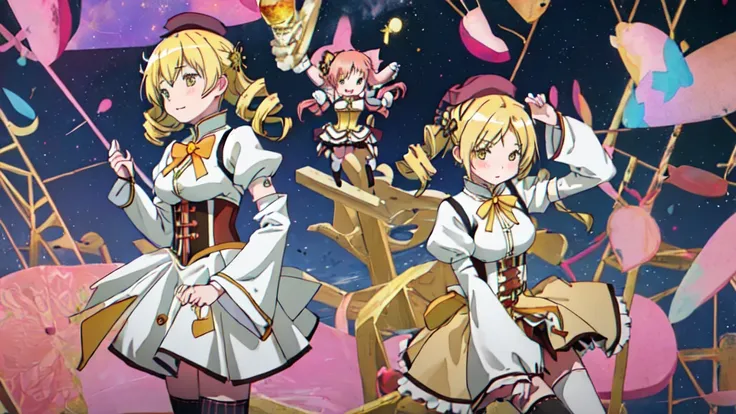 Highest quality, masterpiece, High resolution, alone, {-bar_Mami_Magical Girl Magi Madokesu:1.15}, blonde_hair, Drill_hair, twin_Drills, twintails, hair_ornament, yellow_eye, Magic_girl, 1girl, beret, blush, chest, corset, Have, Puffy_sleeve, independent_s...