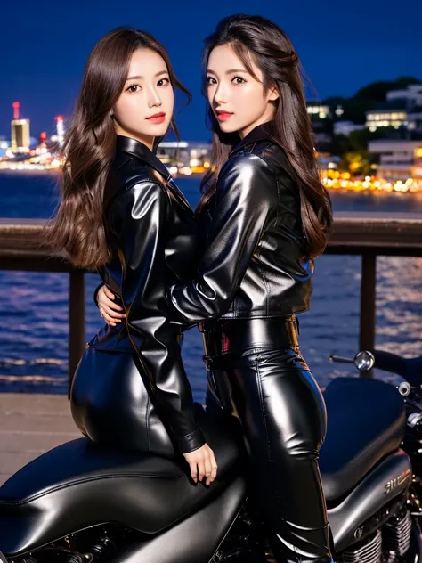 (masutepiece), Full body shot, photo of the whole motorcycle, Cute young woman in Japan, Ride an old traditional shiny metallic silver motorcycle at the wharf, glamorous shape, shoulder length shiny smooth light brown hair, Wearing a leather black riding j...