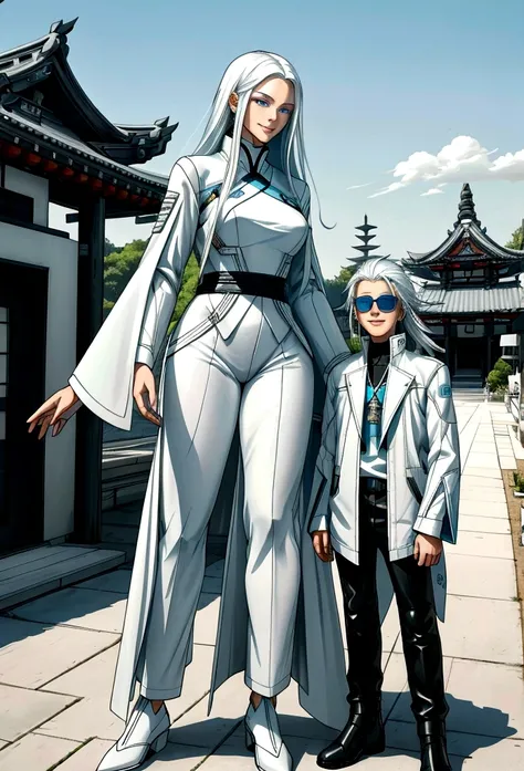 generates an adult woman with long black hair and light blue eyes, futuristic white clothes wearing a leather jacket, a loving smile with an aura of tranquility, next to her tall teenage son with messy white hair and sunglasses, a happy mother with her son...