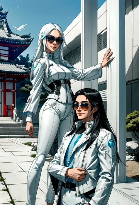 generates an adult woman with long black hair and light blue eyes, futuristic white clothes wearing a leather jacket, a loving smile with an aura of tranquility, next to her tall teenage son with messy white hair and sunglasses, a happy mother with her son...