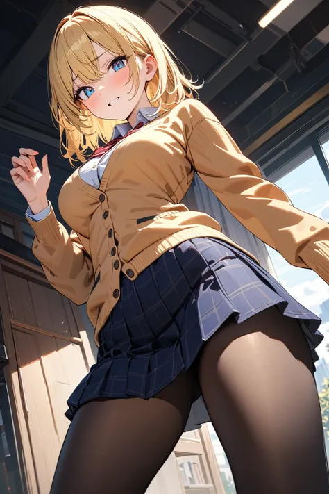 (masterpiece, best quality:1.5), (ultra detailed, high resolution, 8k, beautiful detailed, UHD, best anatomy), blonde hair, medium breasts, 1 cute girl, cardigan, short skirt, Leggings, Looks like fun