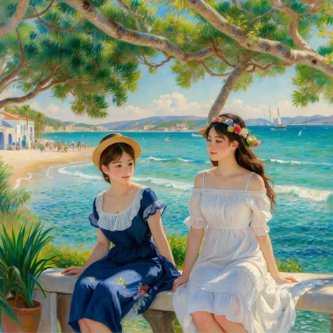 A painting in the style of Pierre-Auguste Renoir, capturing the Mediterranean coast of southern France. The scene features a sunlit beach with gentle waves, a clear blue sky, and lush greenery. People are enjoying a leisurely day, with women and girls in l...