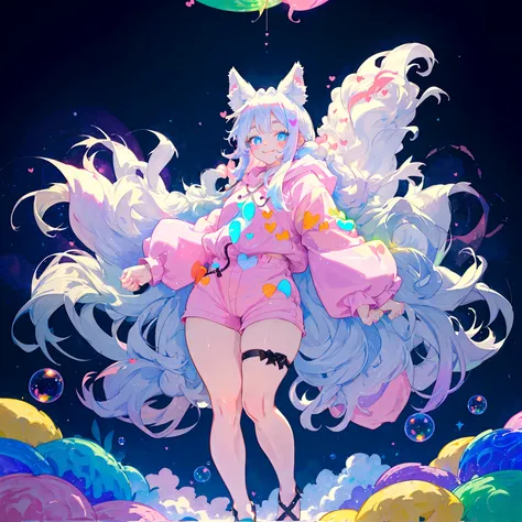 a cute adult male with wolf ears, long white hair, long locks, has a wolf tail, thick thighs, wide hips, short, wearing pink romper with a hood and pink shorts, has heart on chest, has bunny ears on hood, very slim, showing slender tummy, squishy thighs, h...