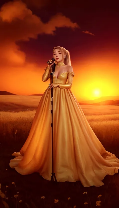 ariana grande in a long dress singing into a microphone in a field, blonde ponytail, foreground background, performing, flowing ...