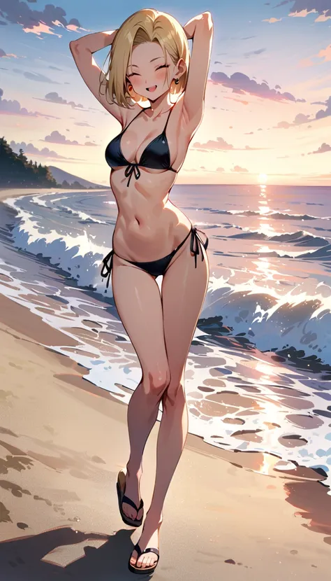 (masterpiece, best quality:1.2), full body, solo, Android 18 from Dragon Ball, ((black string bikini, thigh gap)), small breasts, short blonde hair loose, (close eyes), earrings on earlobes, slender feminine figure, skinny body, cleavage, light blush, chil...