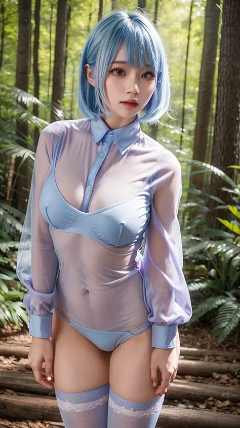 Transparent purple shirt、Reduce milk、Transparent nipples、pantyhose/stockings、Sheer underwear、Leaning forward、Light blue hair、Forest